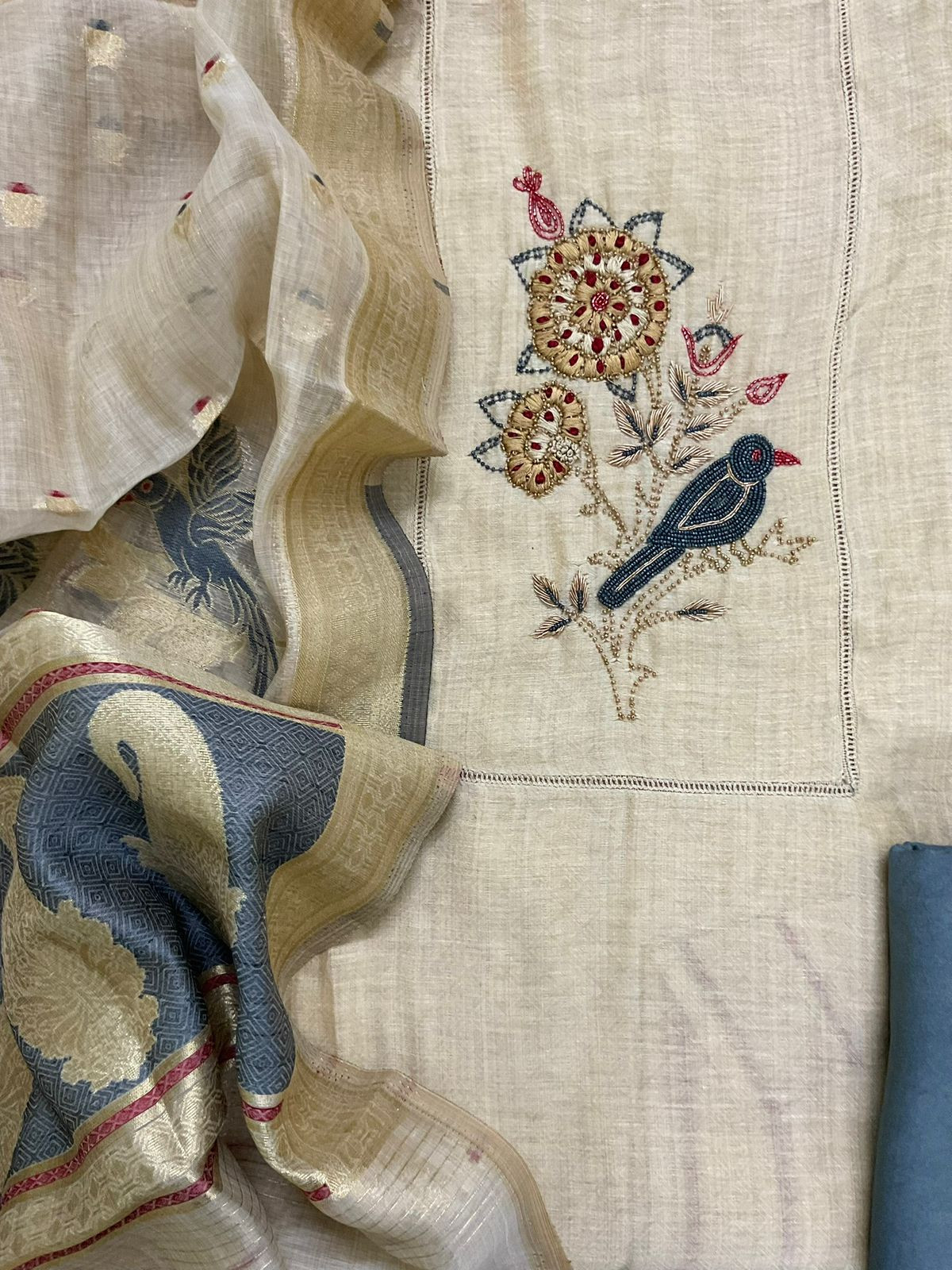 Pure Slub Chanderi Jamdani Weaved Embroidered Suit - Beige