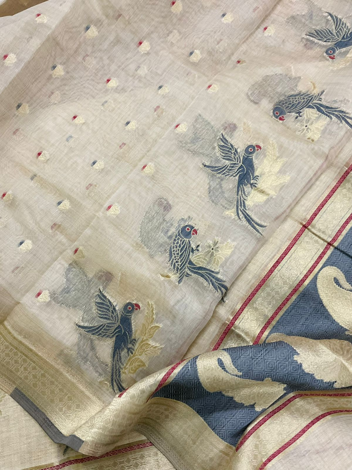 Pure Slub Chanderi Jamdani Weaved Embroidered Suit - Beige