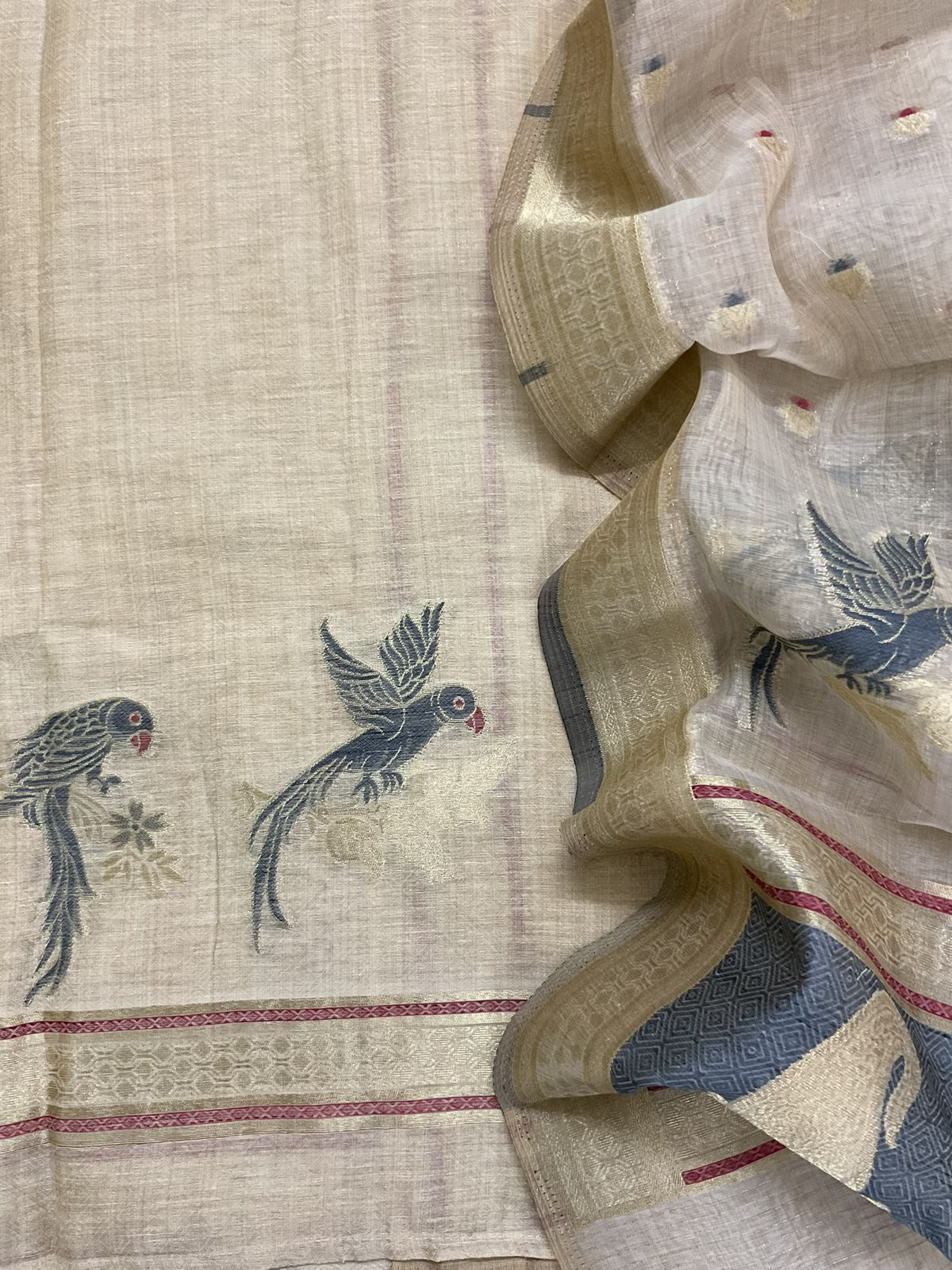 Pure Slub Chanderi Jamdani Weaved Embroidered Suit - Beige