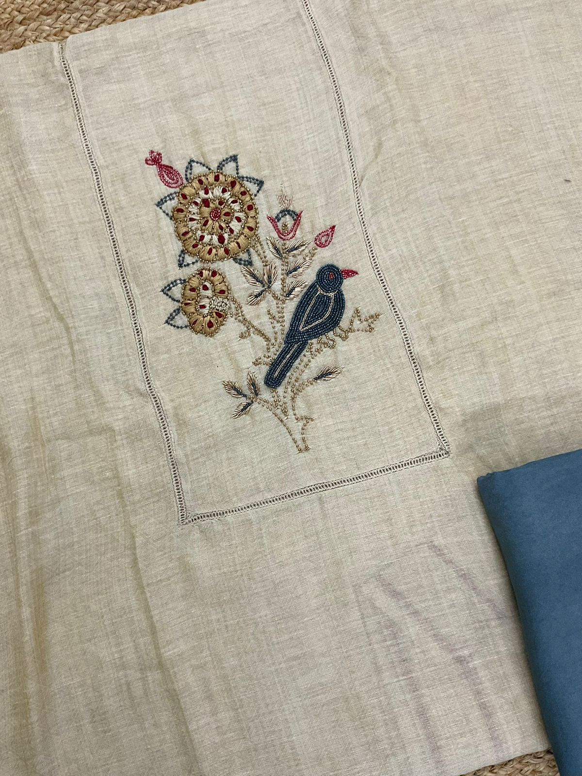 Pure Slub Chanderi Jamdani Weaved Embroidered Suit - Beige