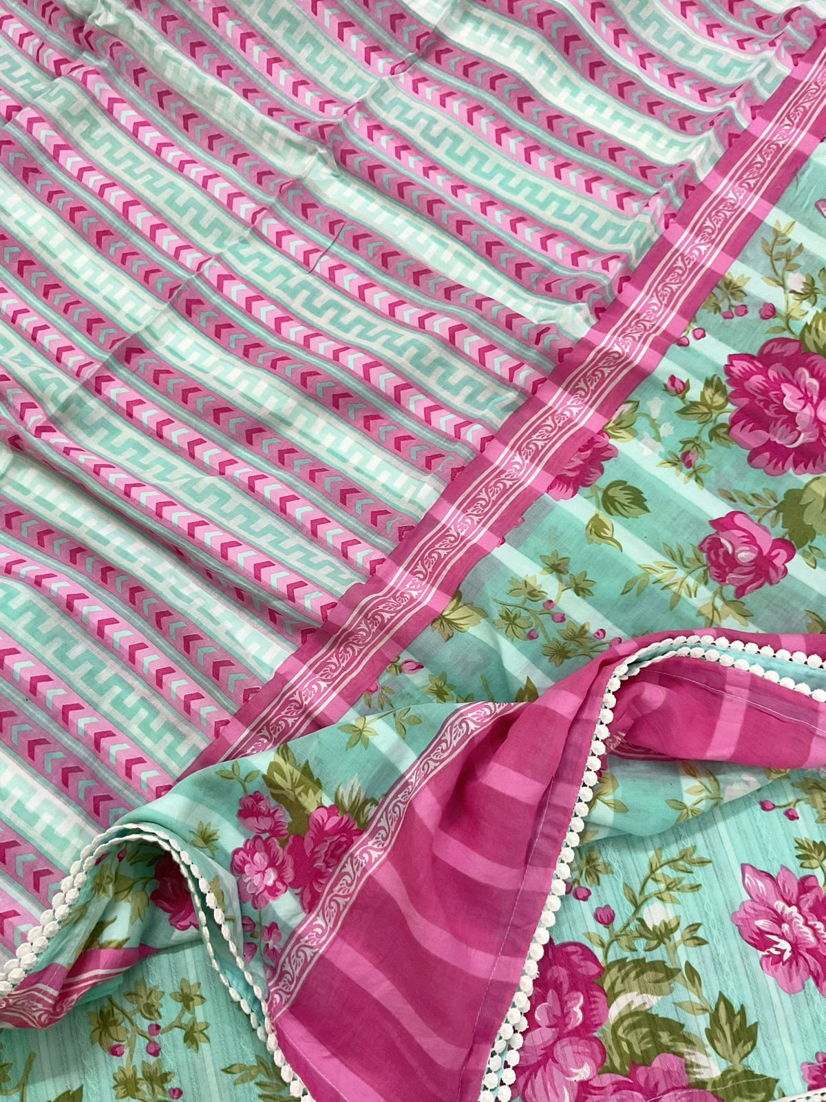 Pure Cotton Printed Self Weaved Suit - Green