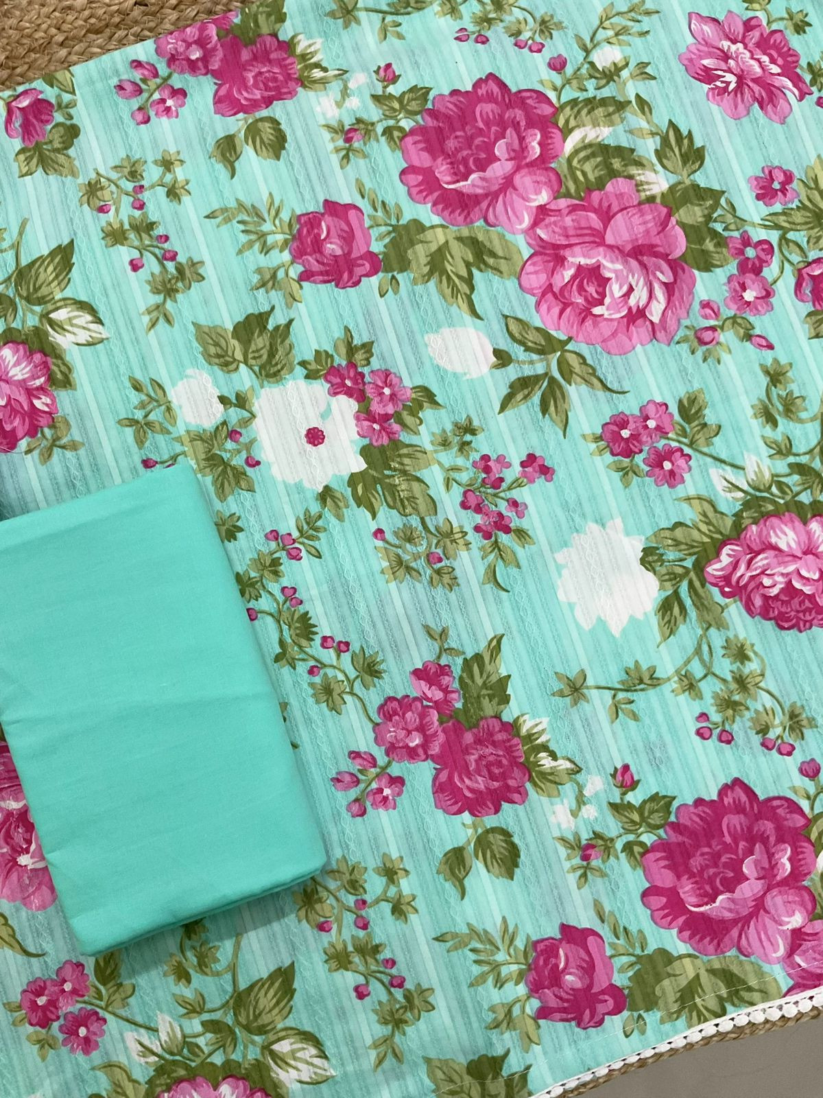 Pure Cotton Printed Self Weaved Suit - Green