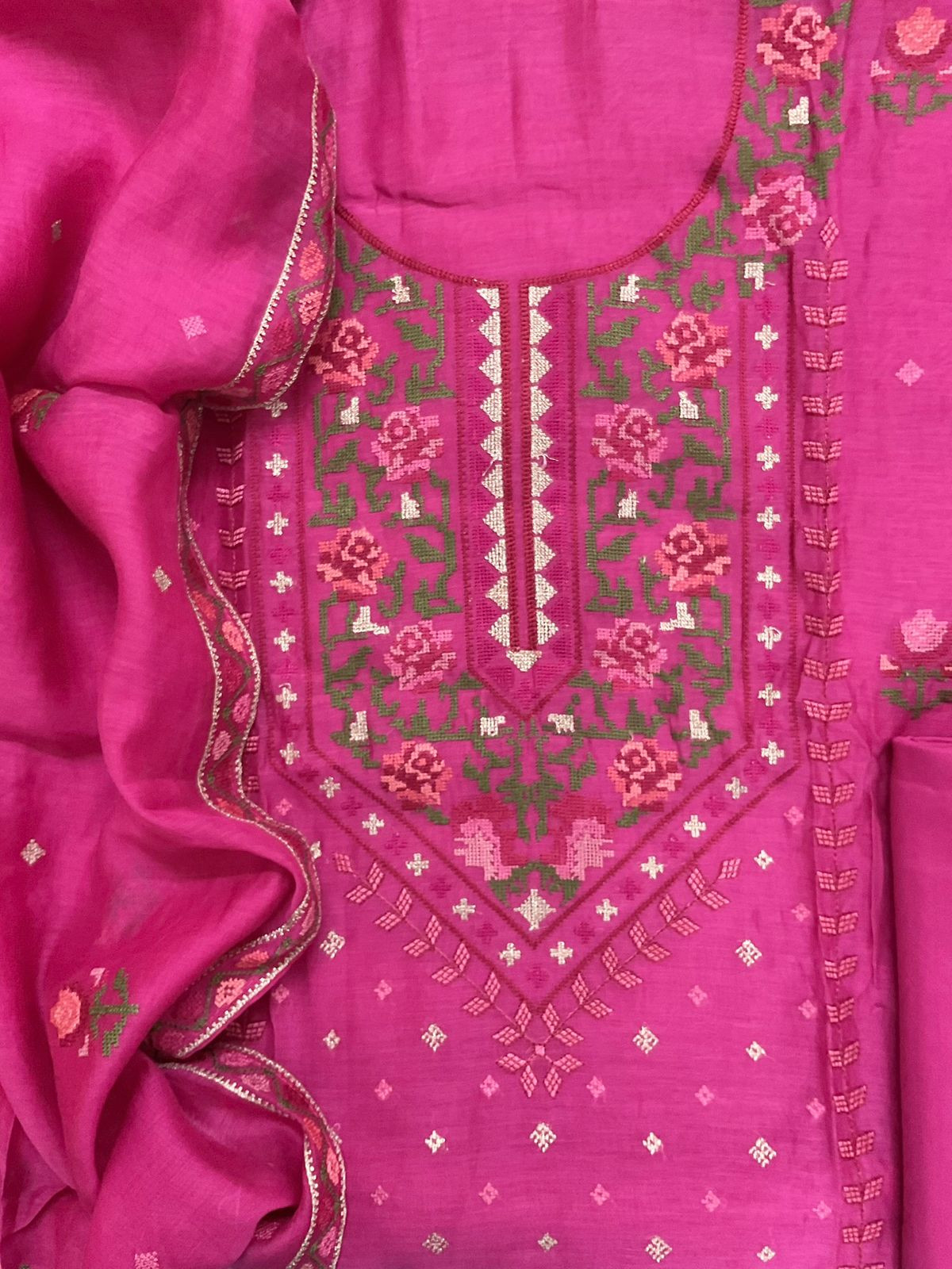 Pure Mul Chanderi Embroidered Suit - Pink
