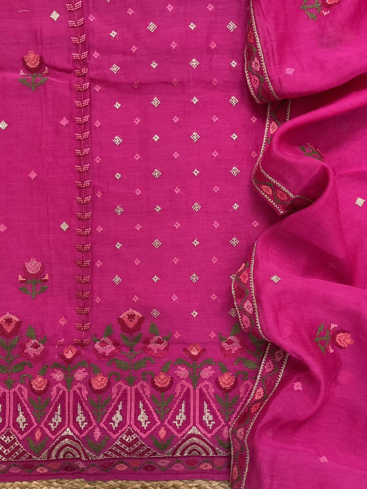 Pure Mul Chanderi Embroidered Suit - Pink