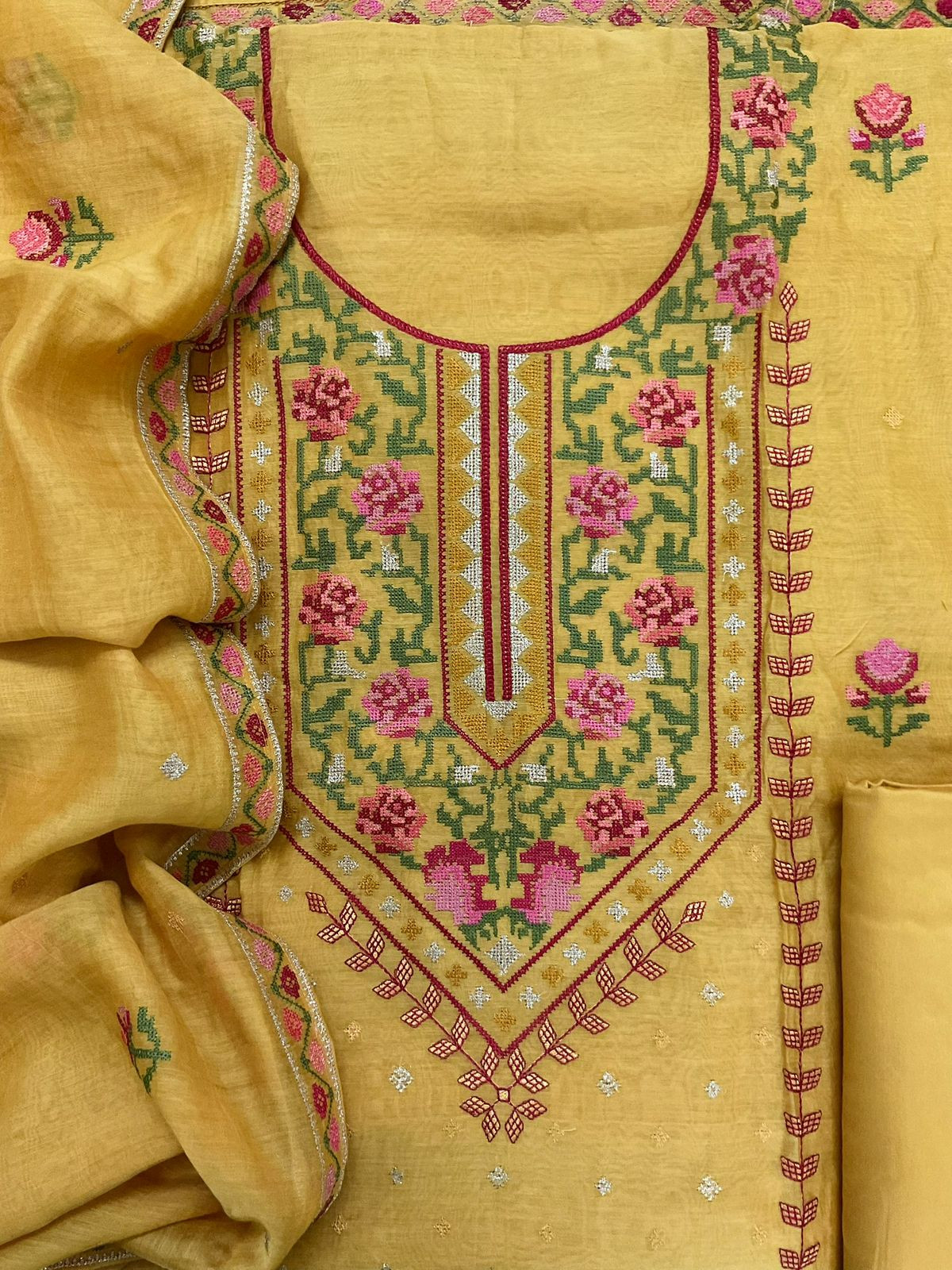 Pure Mul Chanderi Embroidered Suit - Yellow