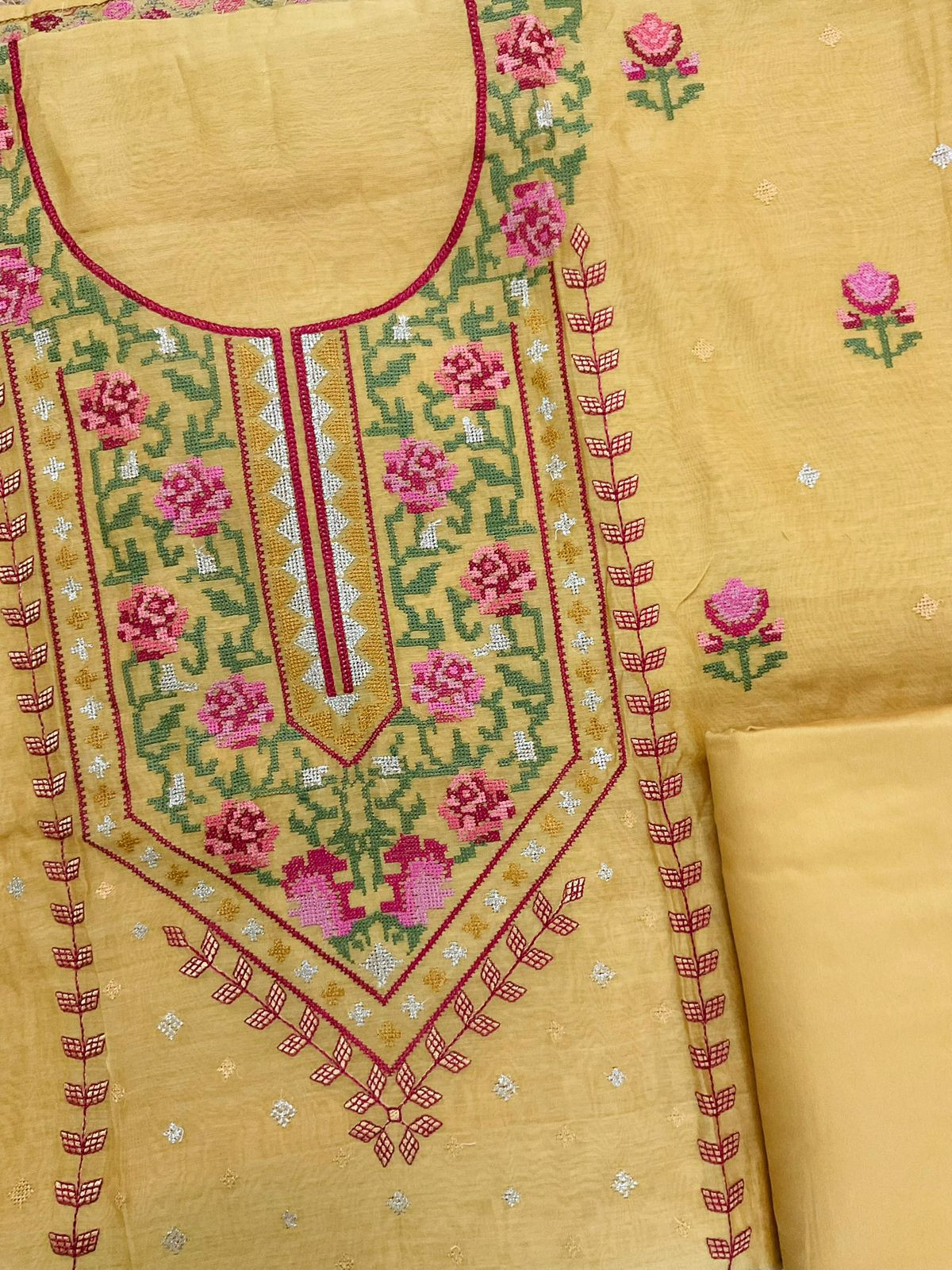 Pure Mul Chanderi Embroidered Suit - Yellow