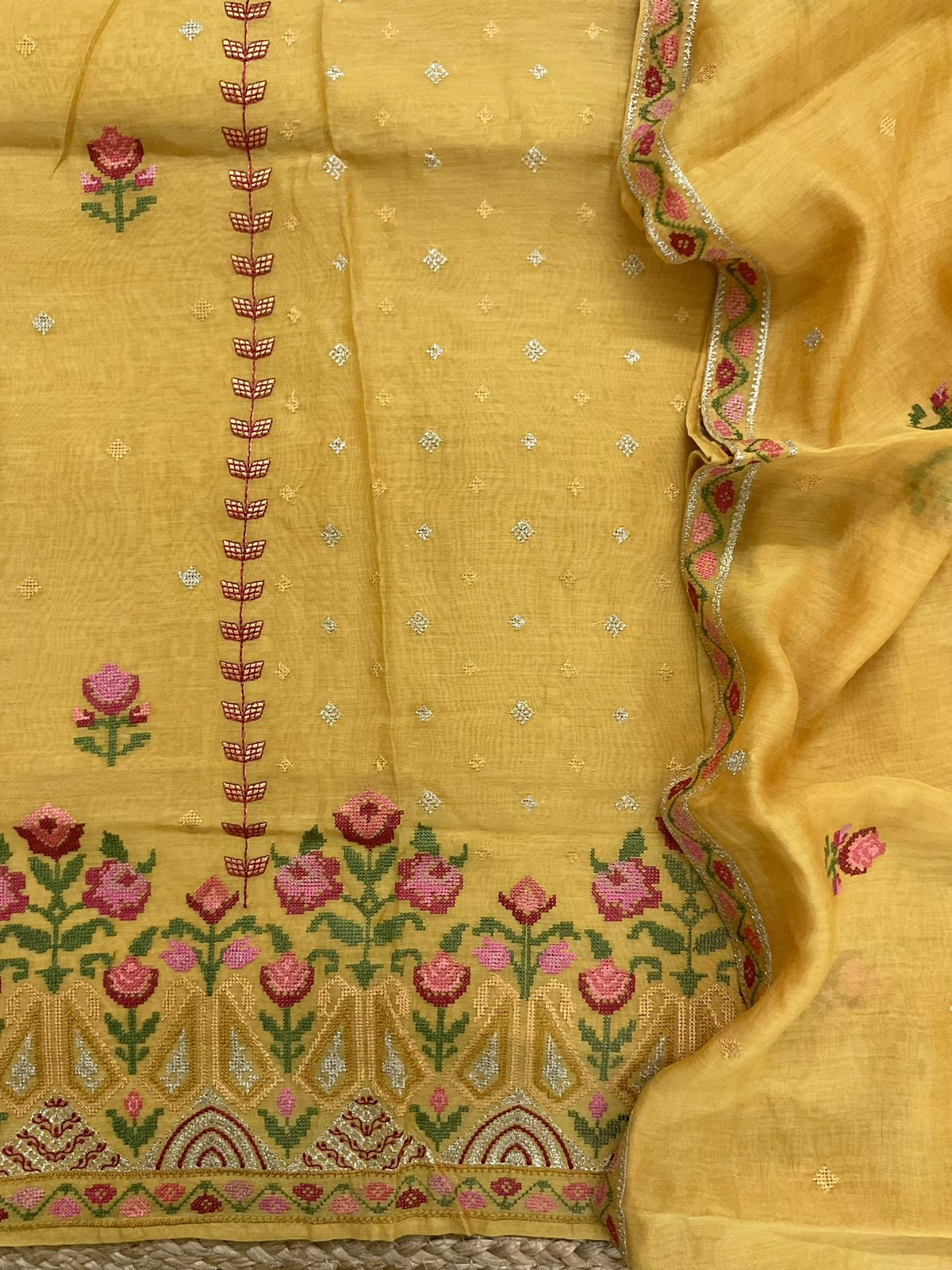 Pure Mul Chanderi Embroidered Suit - Yellow