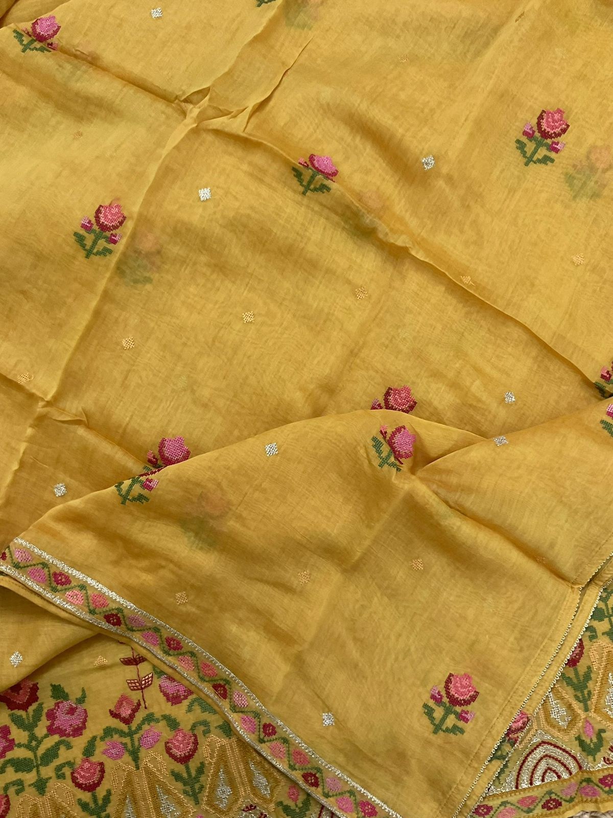 Pure Mul Chanderi Embroidered Suit - Yellow