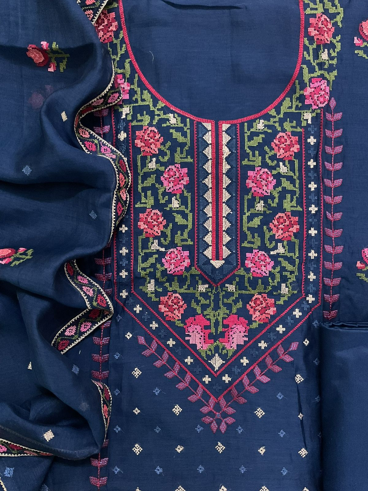 Pure Mul Chanderi Embroidered Suit - Blue