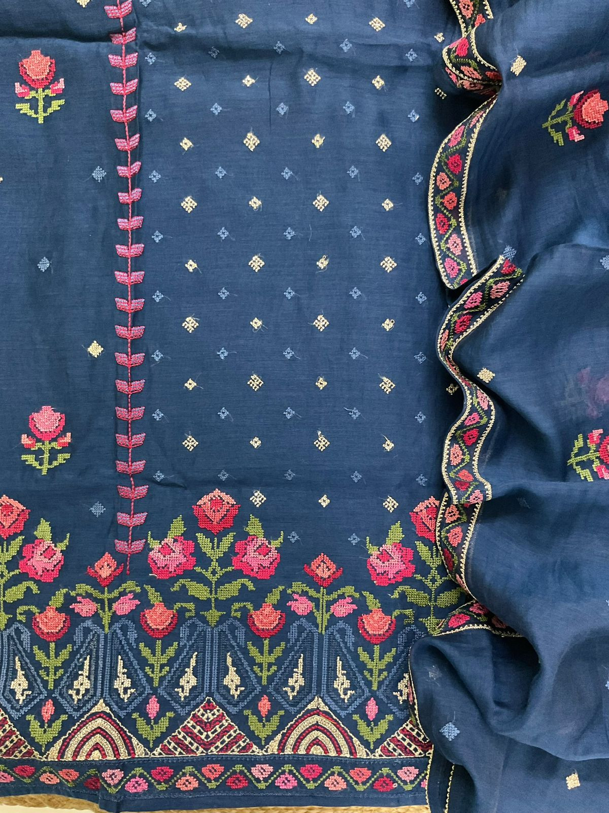 Pure Mul Chanderi Embroidered Suit - Blue