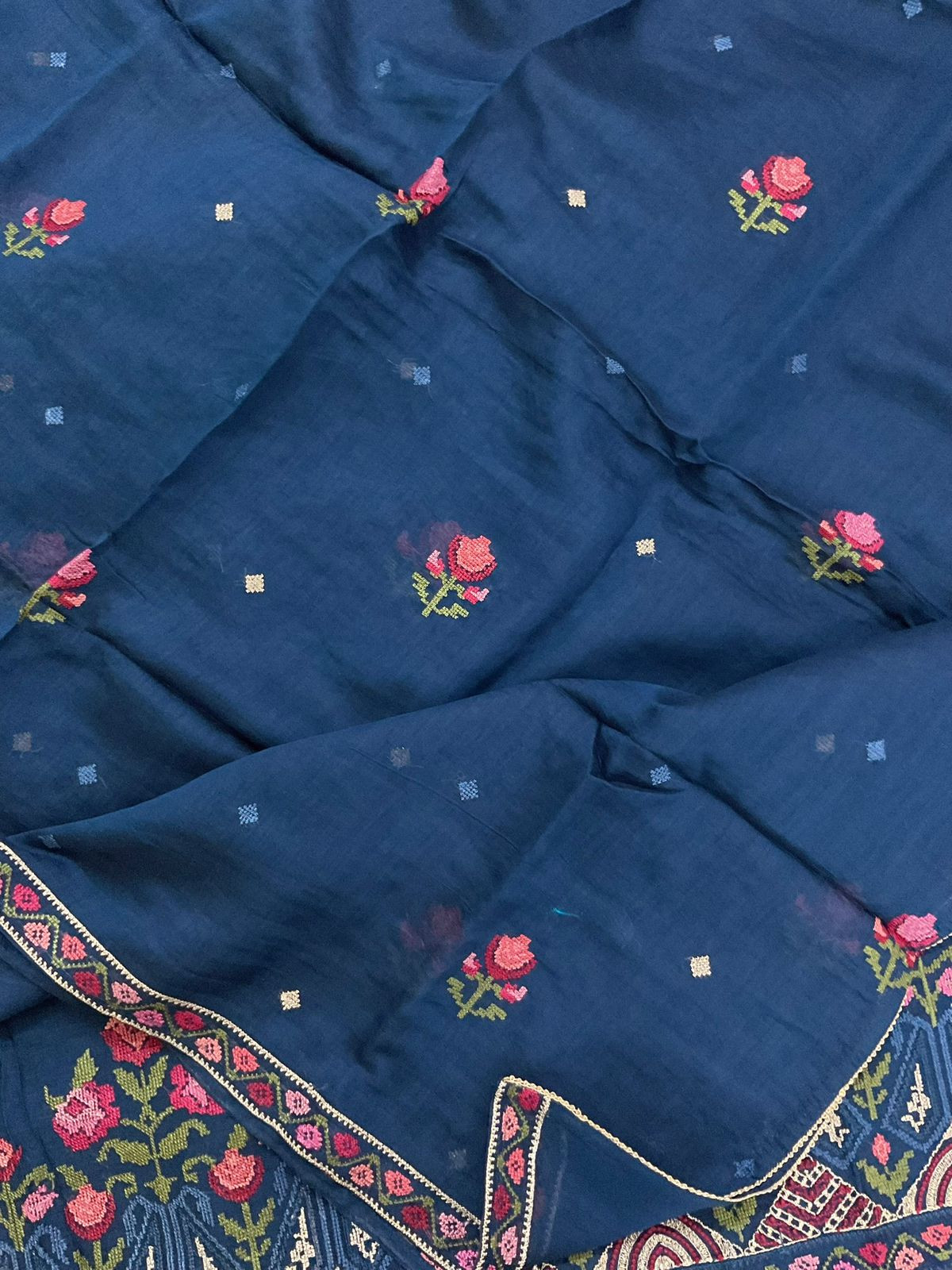 Pure Mul Chanderi Embroidered Suit - Blue