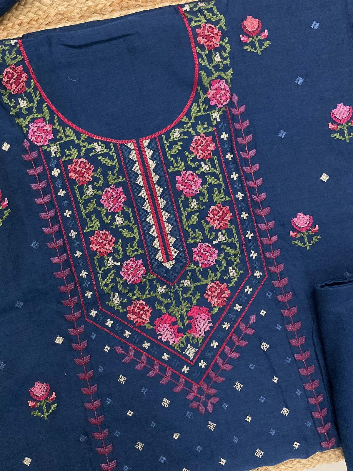 Pure Mul Chanderi Embroidered Suit - Blue