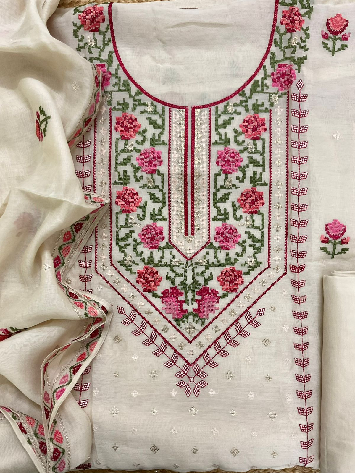 Pure Mul Chanderi Embroidered Suit - Cream