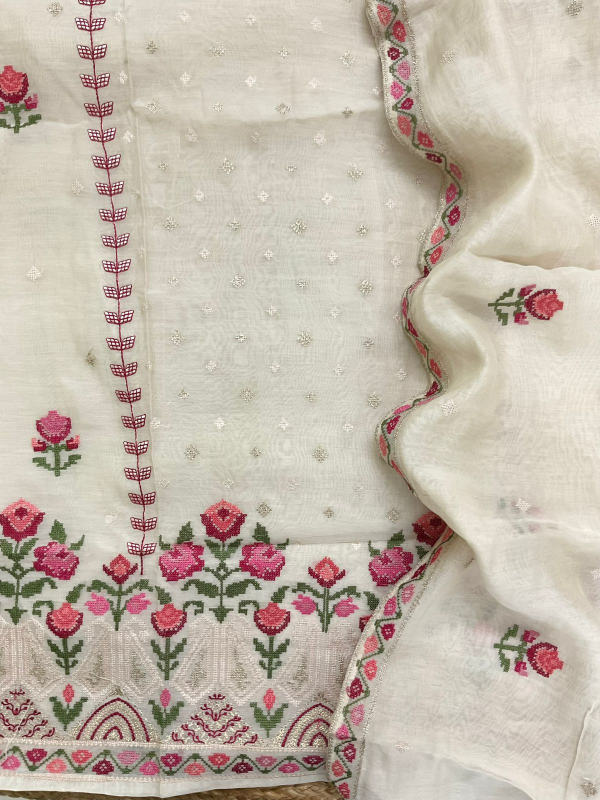 Pure Mul Chanderi Embroidered Suit - Cream