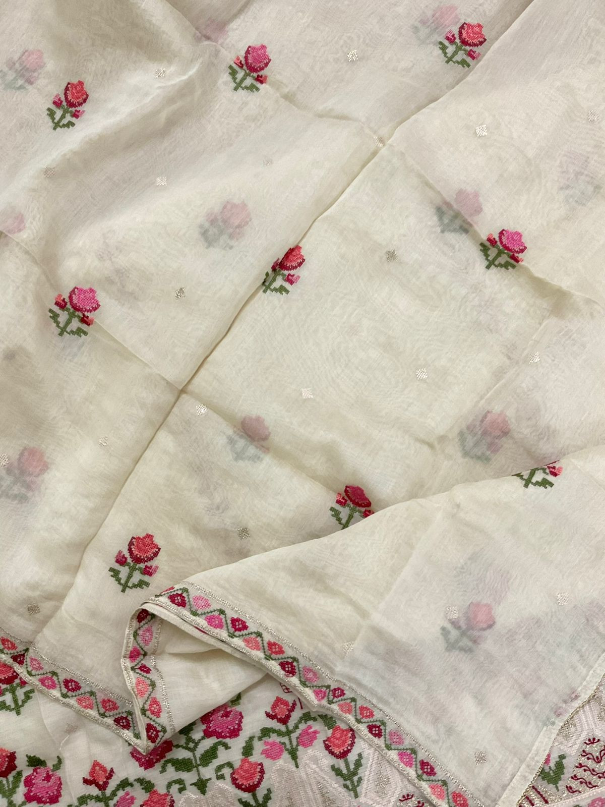 Pure Mul Chanderi Embroidered Suit - Cream