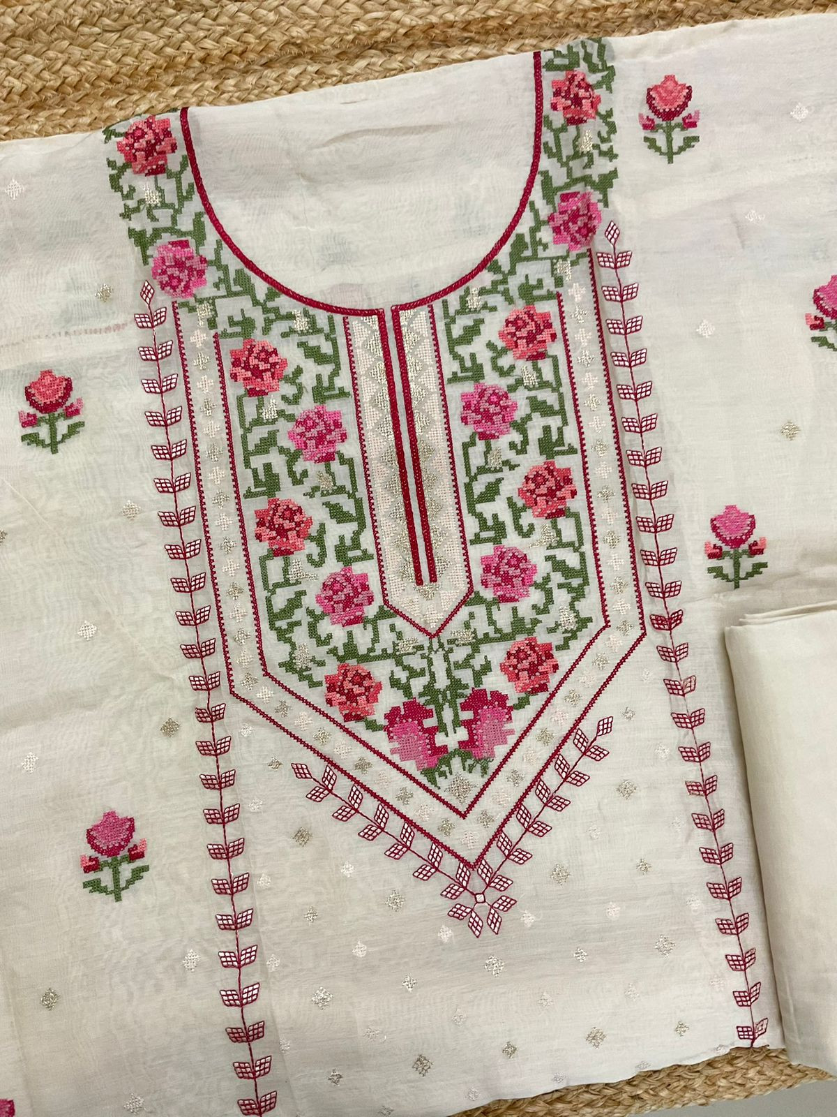 Pure Mul Chanderi Embroidered Suit - Cream