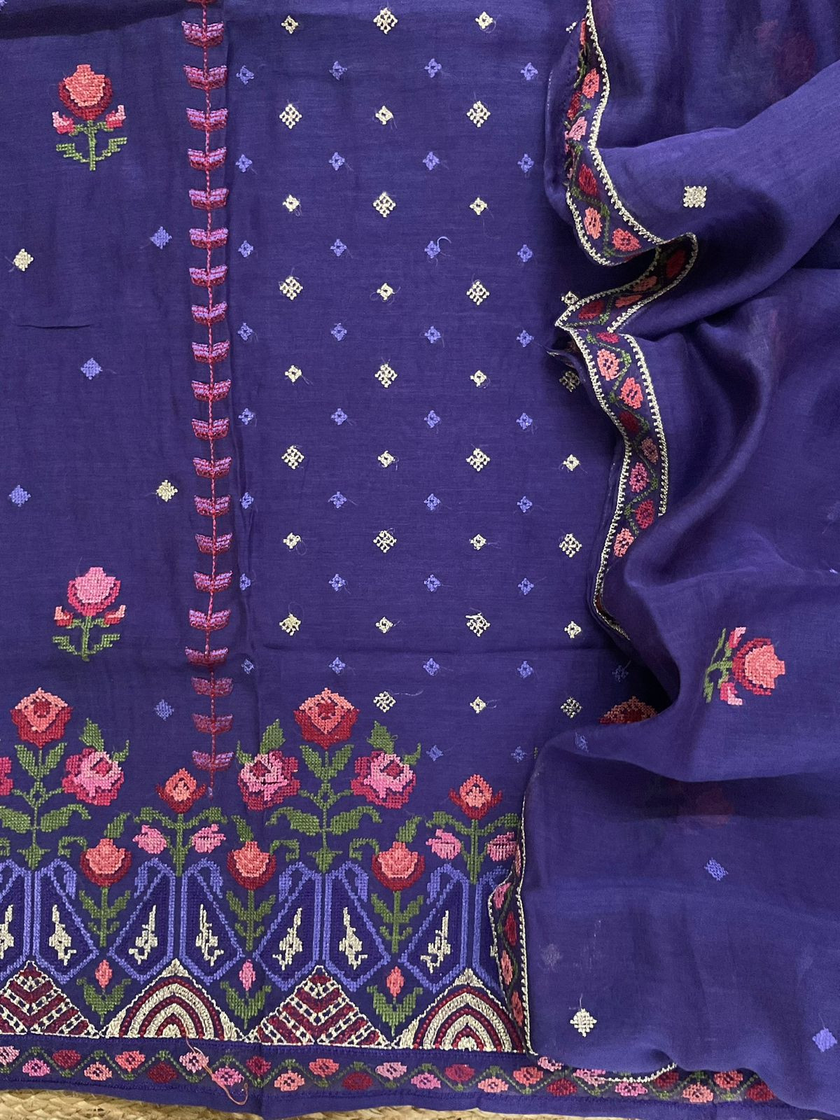Pure Mul Chanderi Embroidered Suit - Violet