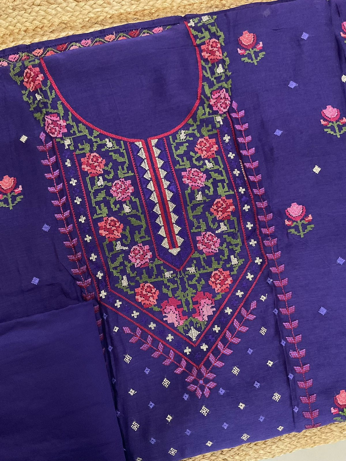 Pure Mul Chanderi Embroidered Suit - Violet