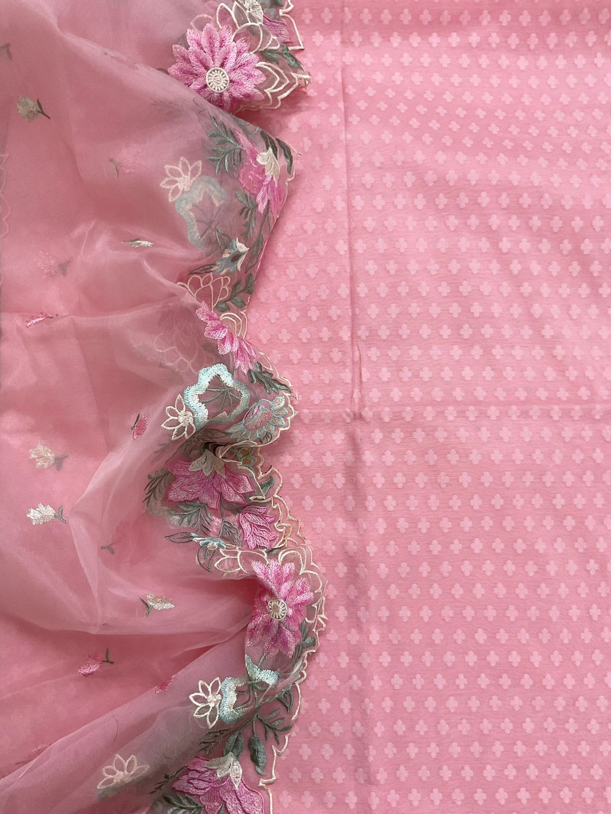 Soft Chanderi Self Weaved Embroidered Suit - Pink