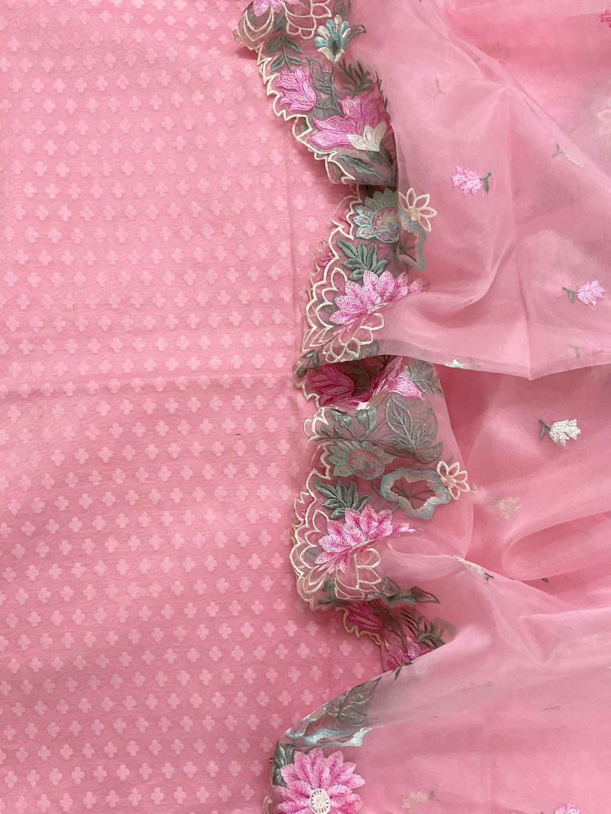 Soft Chanderi Self Weaved Embroidered Suit - Pink