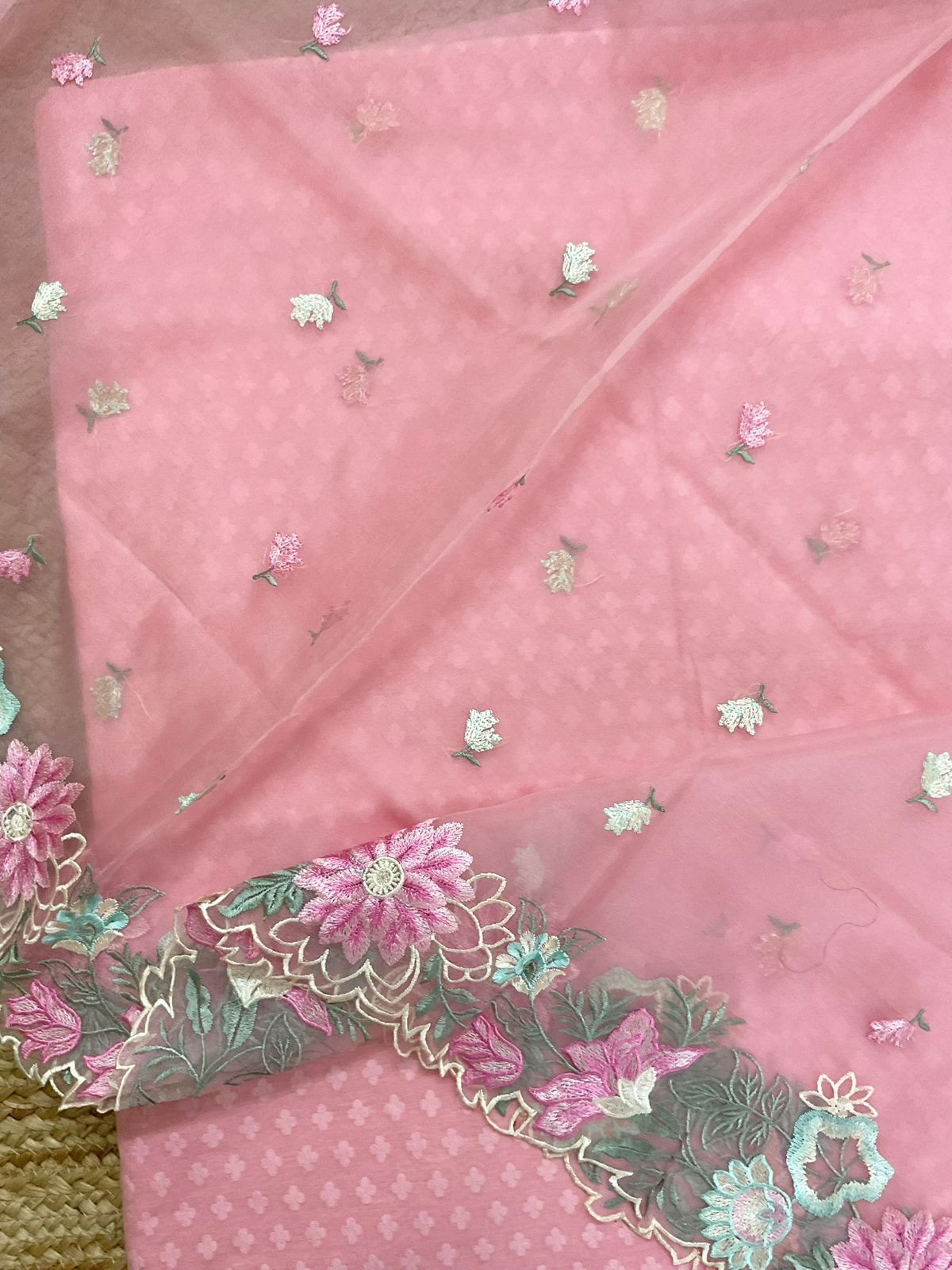 Soft Chanderi Self Weaved Embroidered Suit - Pink