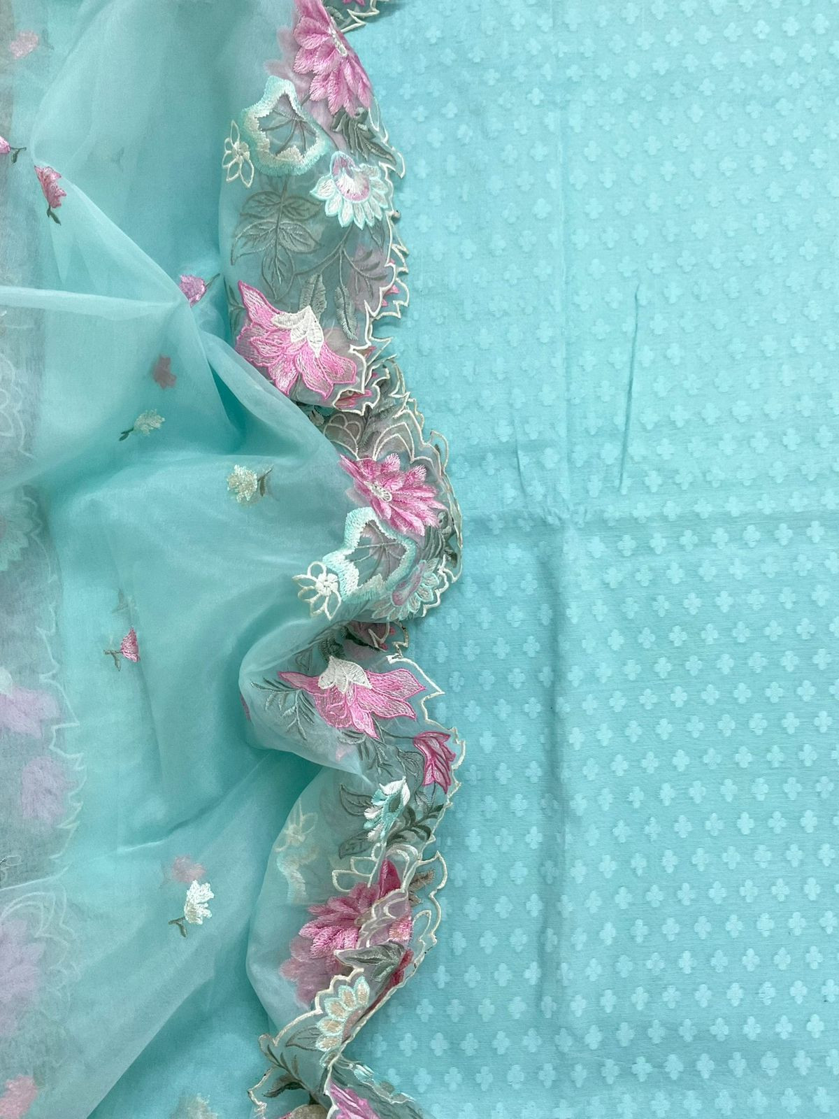 Soft Chanderi Self Weaved Embroidered Suit - Blue