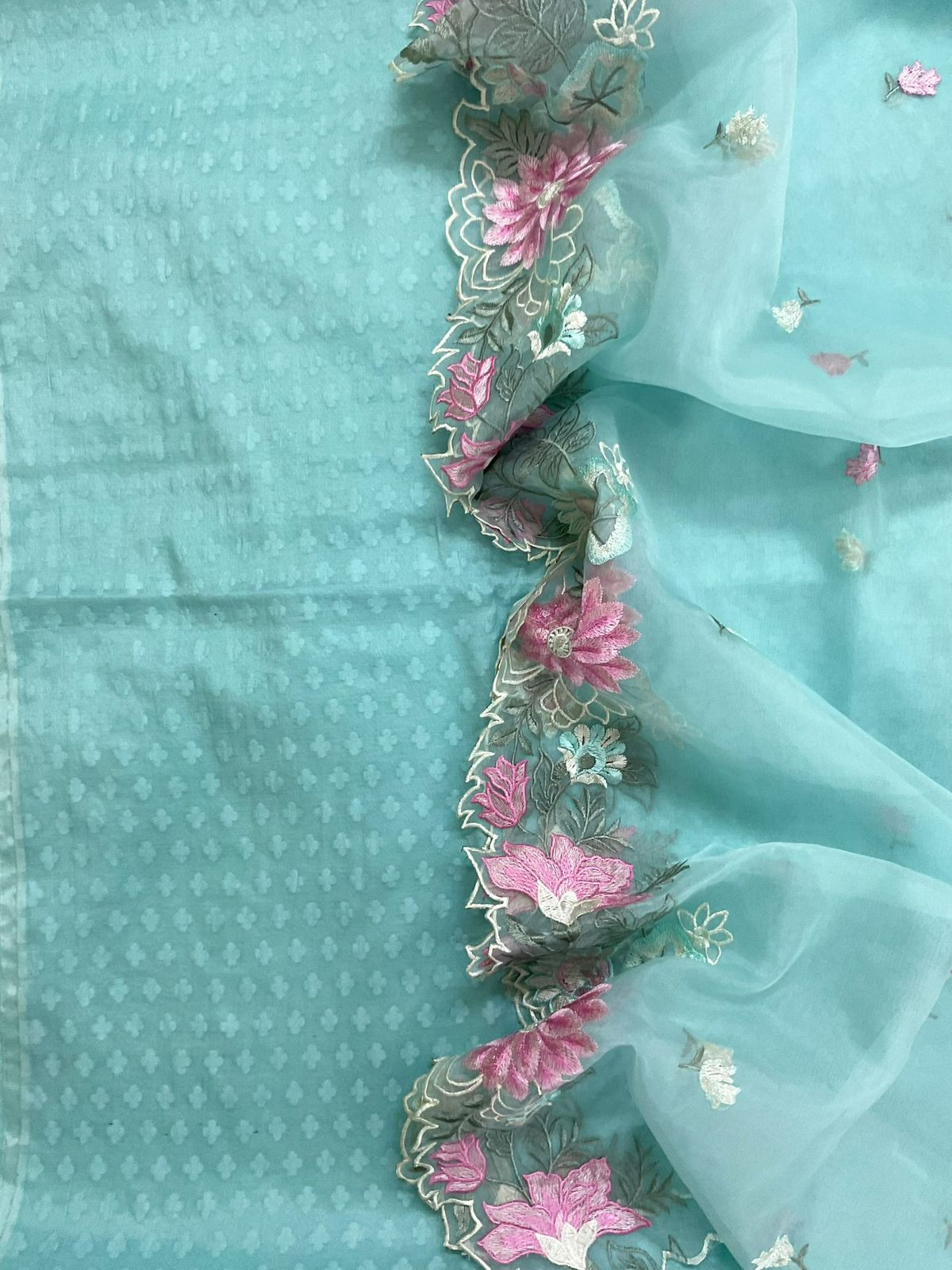 Soft Chanderi Self Weaved Embroidered Suit - Blue