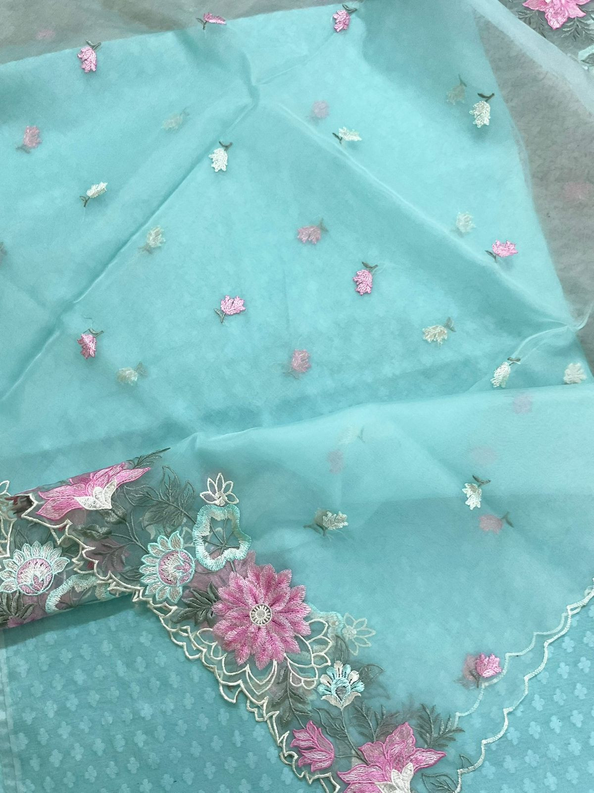 Soft Chanderi Self Weaved Embroidered Suit - Blue