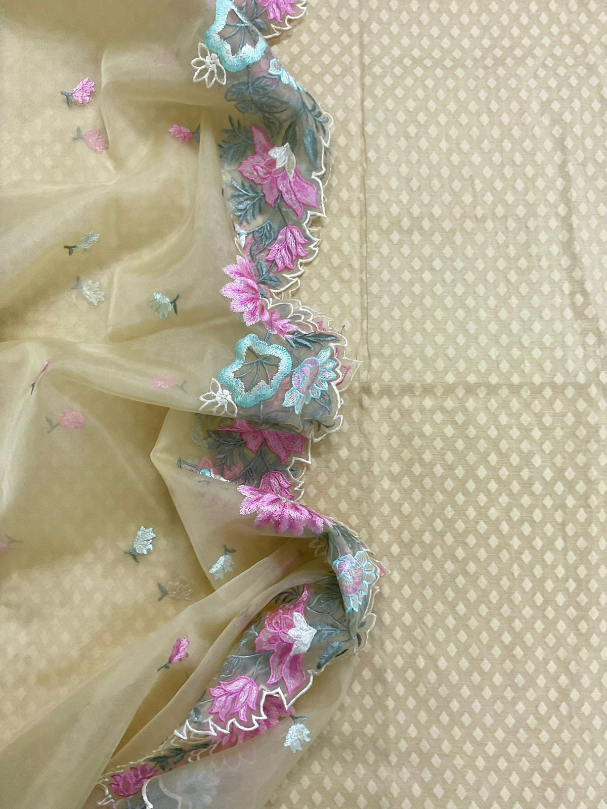 Soft Chanderi Self Weaved Embroidered Suit - Beige