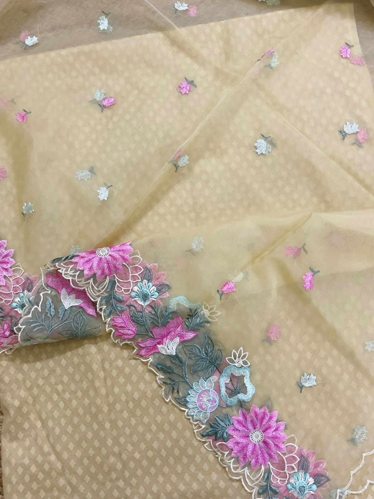 Soft Chanderi Self Weaved Embroidered Suit - Beige