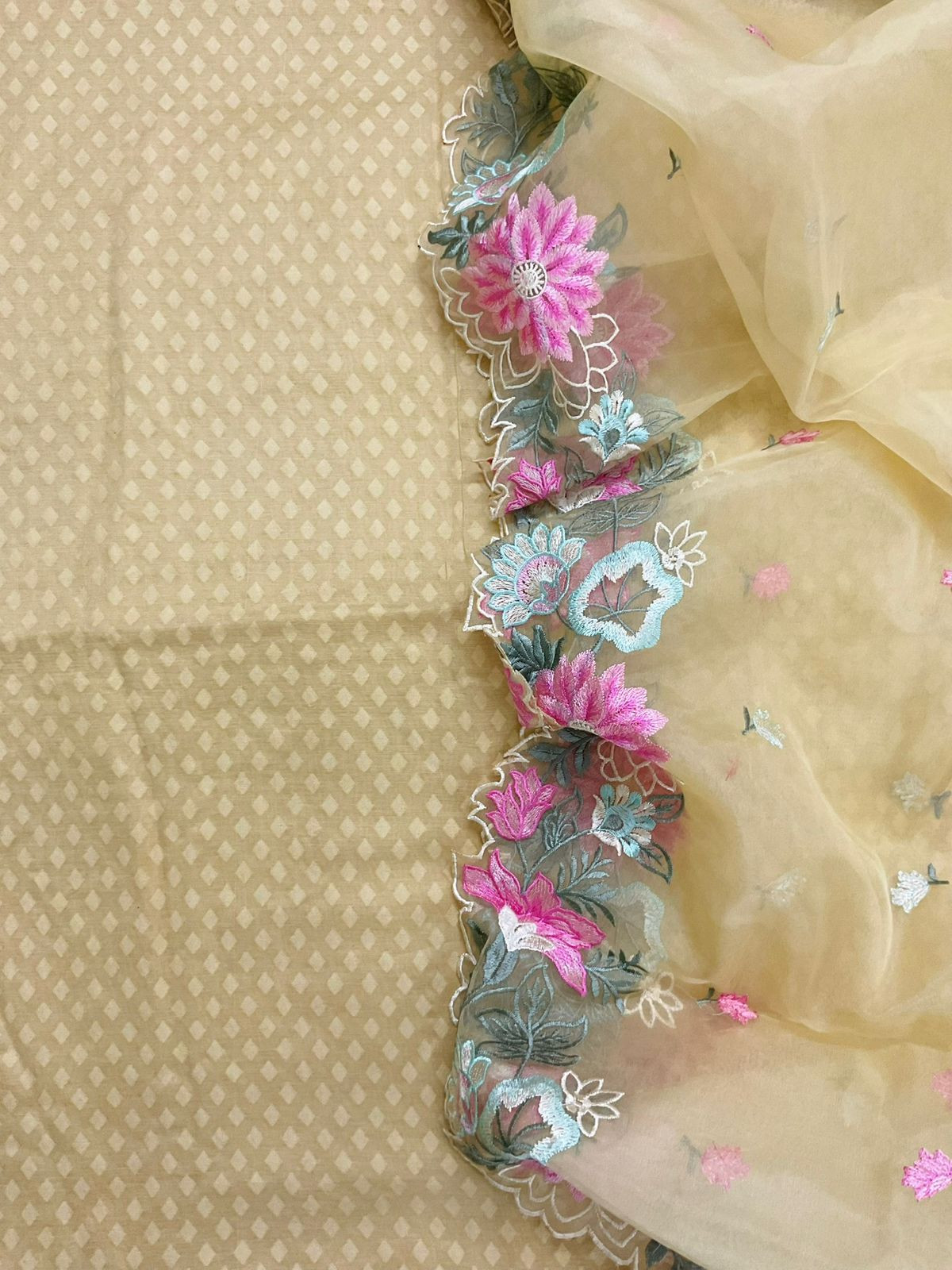 Soft Chanderi Self Weaved Embroidered Suit - Beige