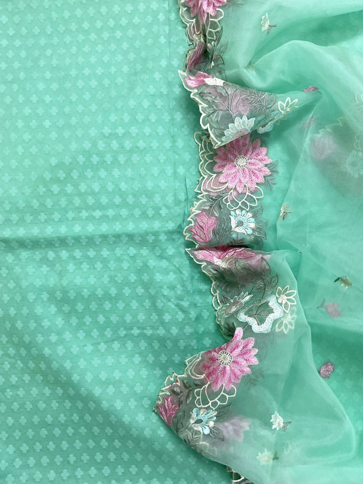 Soft Chanderi Self Weaved Embroidered Suit - Green