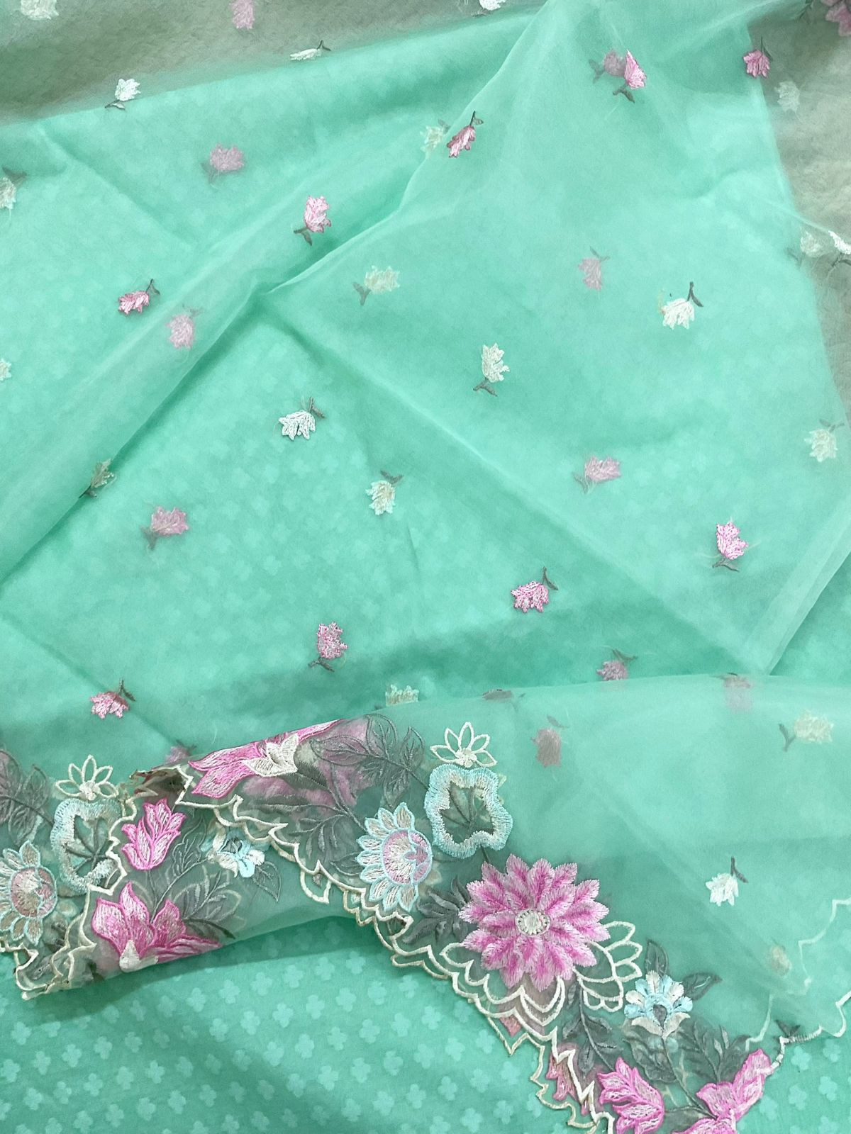 Soft Chanderi Self Weaved Embroidered Suit - Green