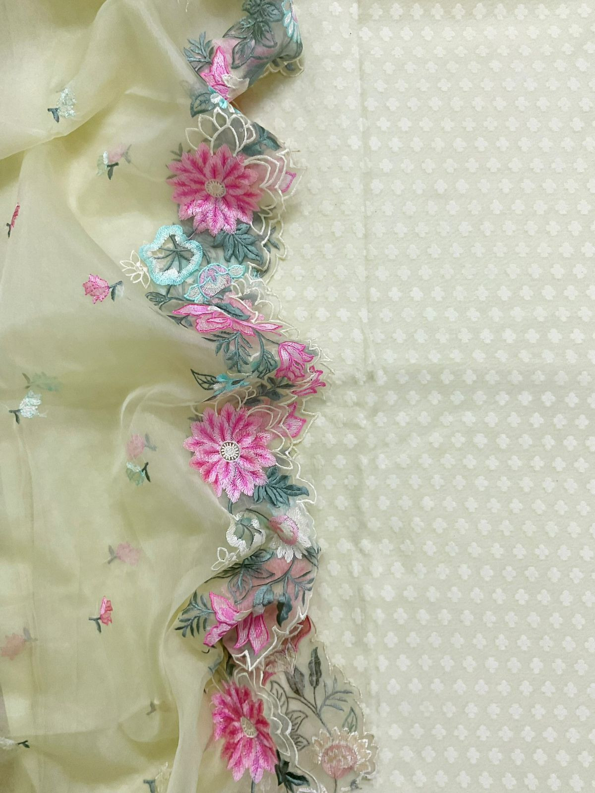 Soft Chanderi Self Weaved Embroidered Suit - Cream