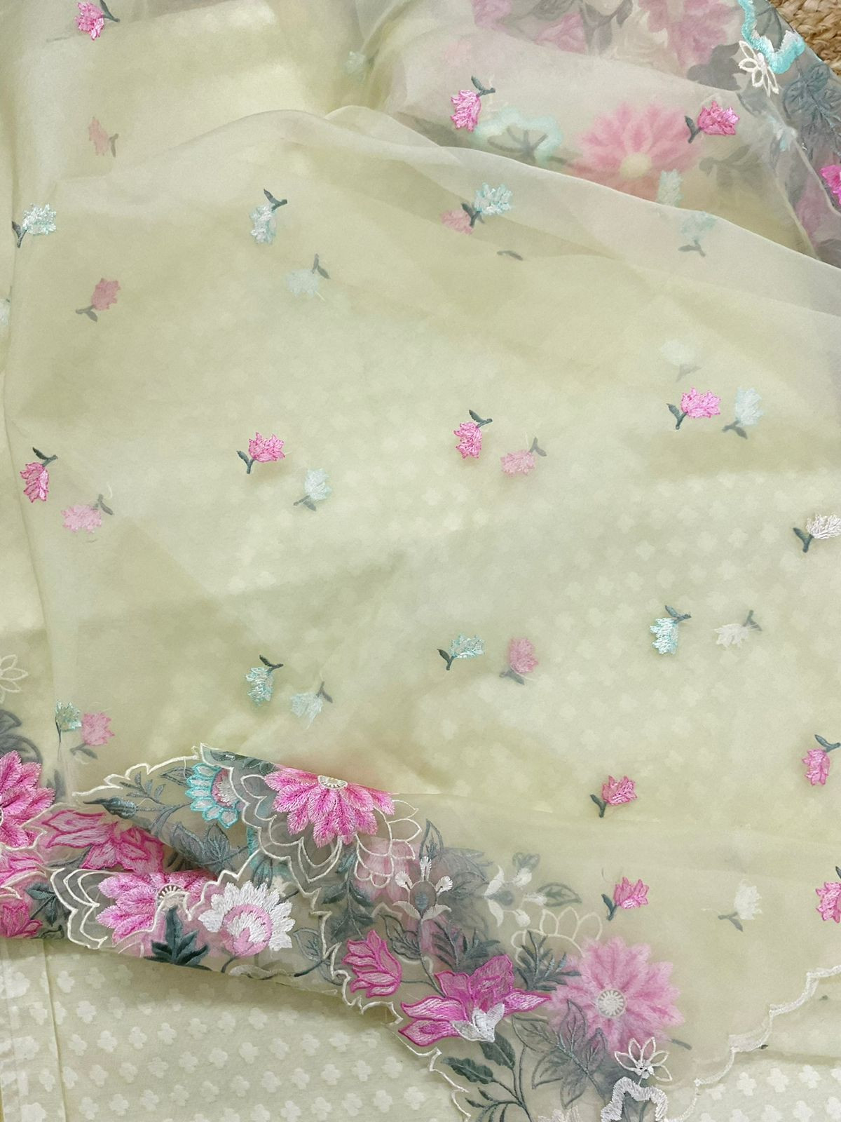Soft Chanderi Self Weaved Embroidered Suit - Cream