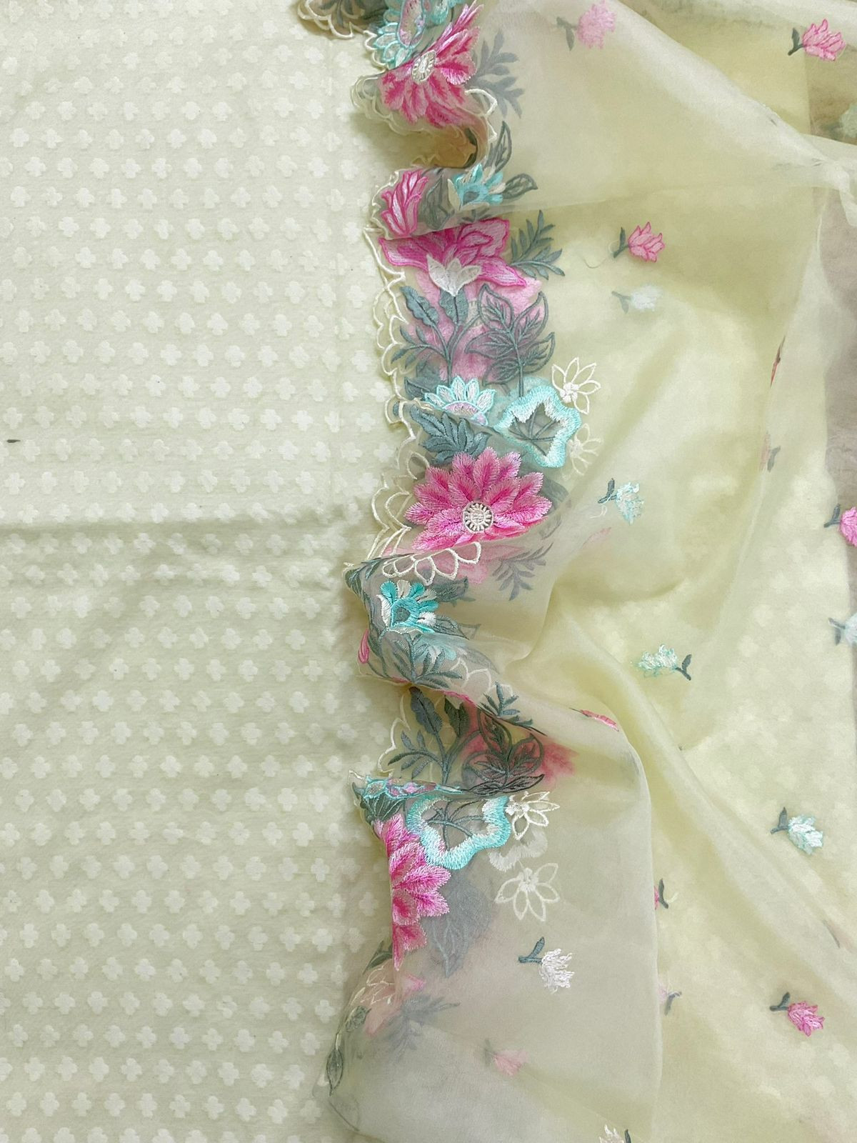 Soft Chanderi Self Weaved Embroidered Suit - Cream