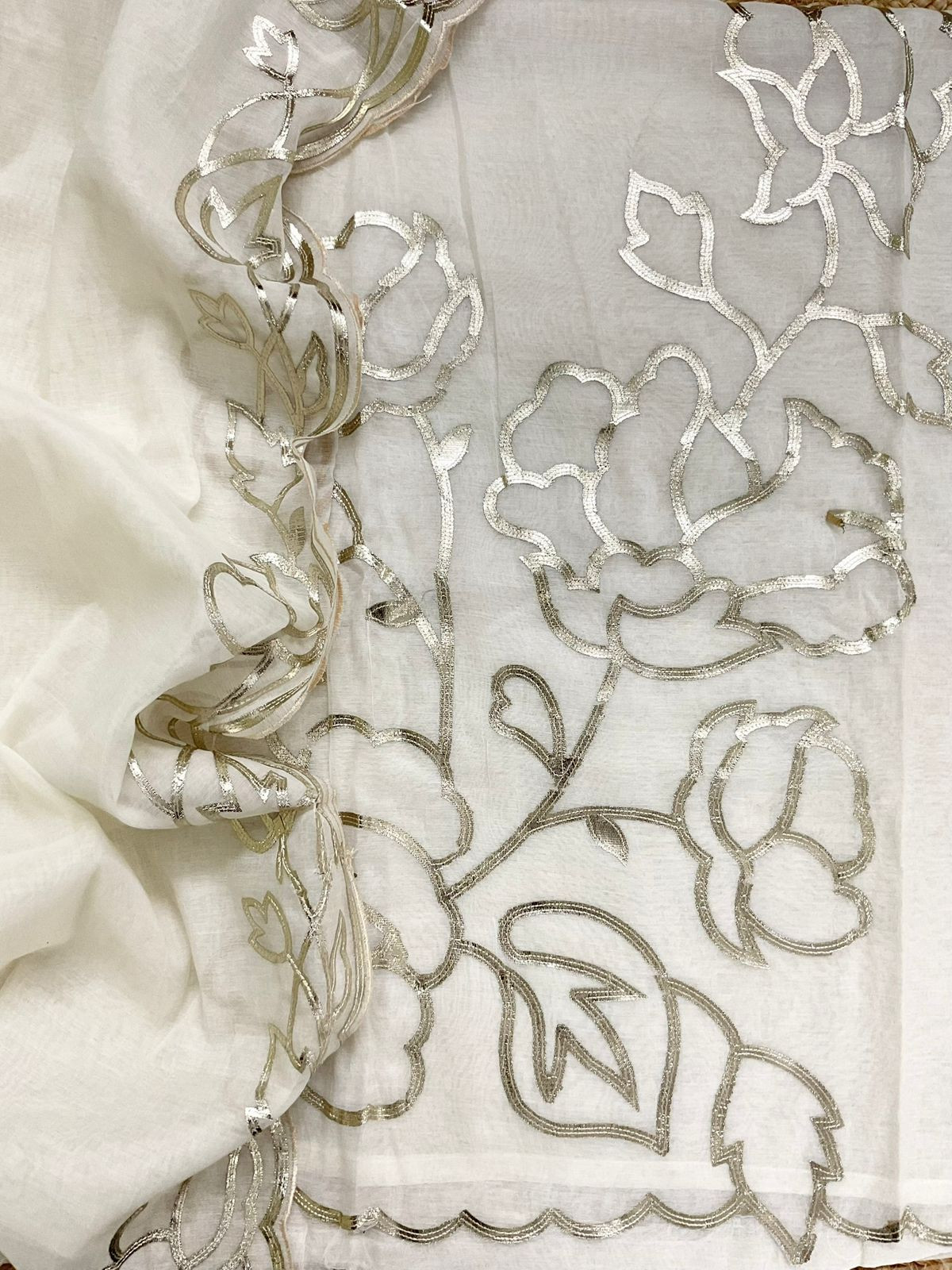 Pure Chanderi Embroidered Suit - Off White