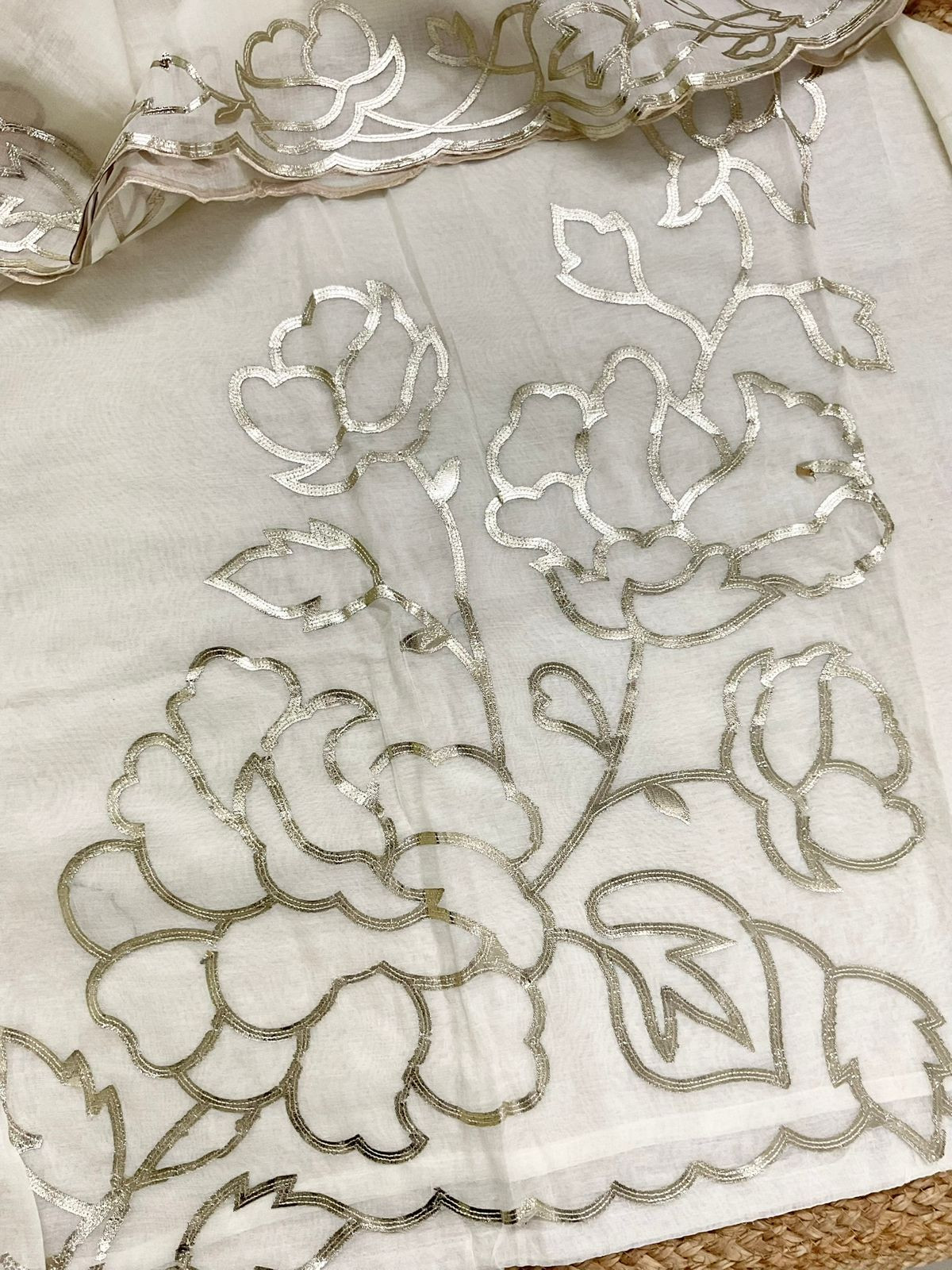 Pure Chanderi Embroidered Suit - Off White