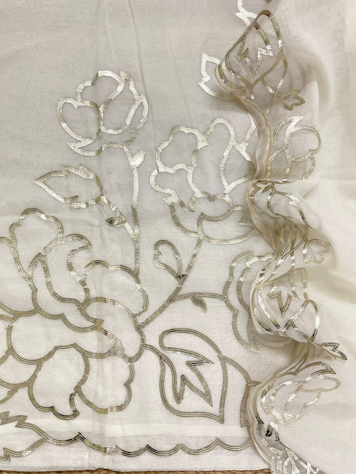 Pure Chanderi Embroidered Suit - Off White