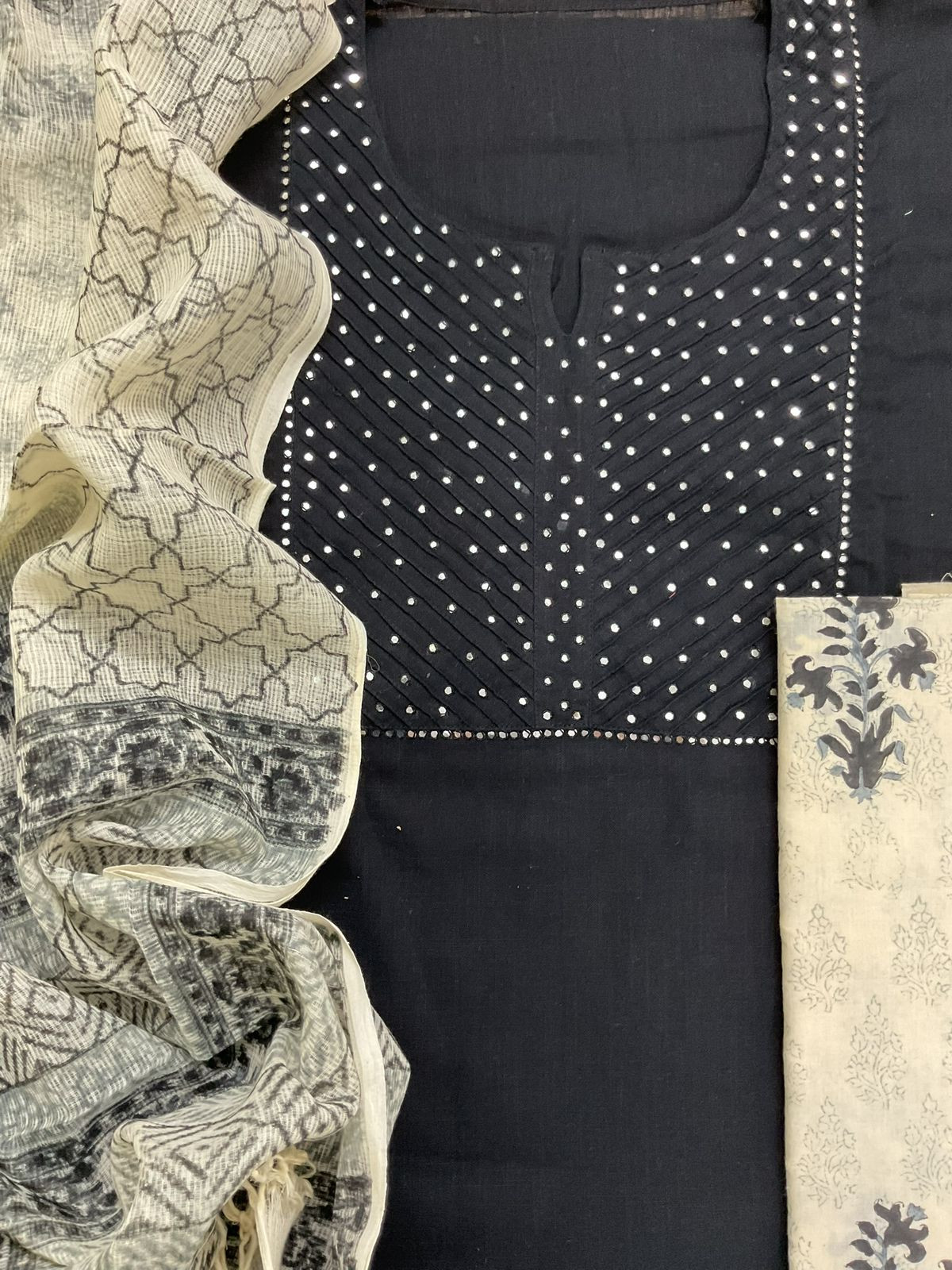 Pure Century Cotton Printed Embroidered Suit - Black