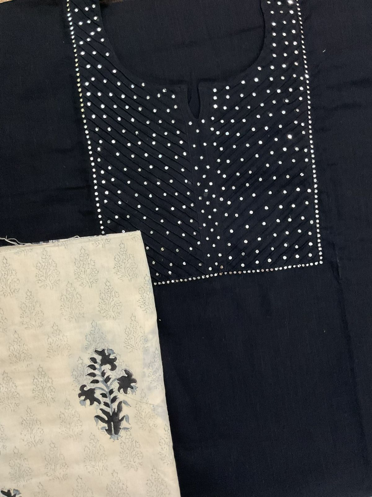 Pure Century Cotton Printed Embroidered Suit - Black