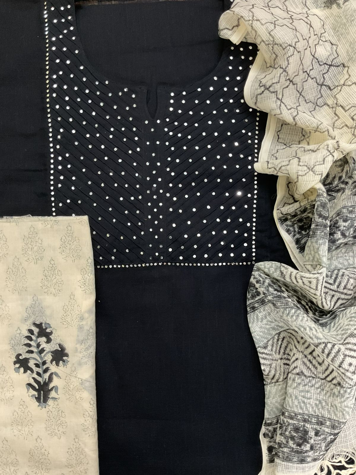 Pure Century Cotton Printed Embroidered Suit - Black