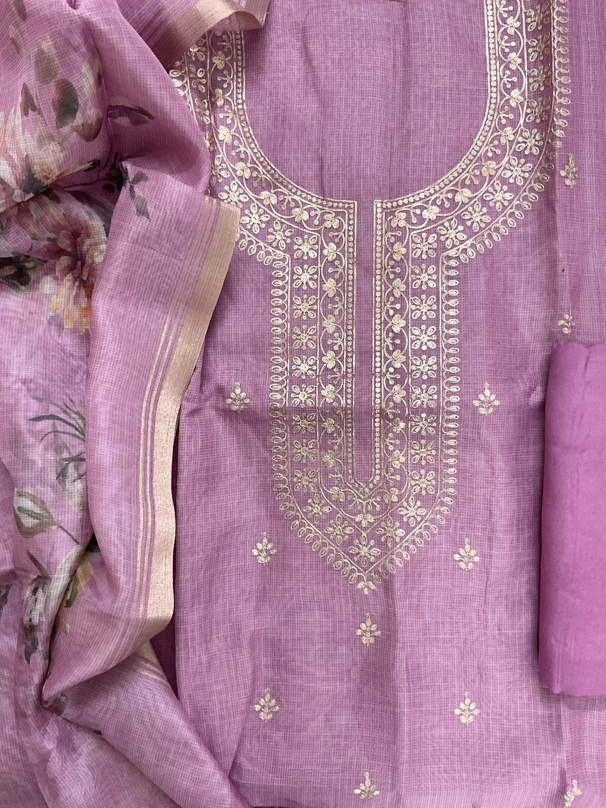 Soft Kota Silk Embroidered Suit - Purple