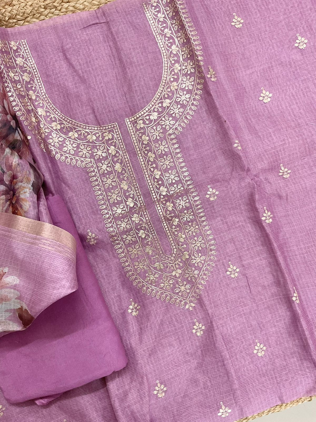 Soft Kota Silk Embroidered Suit - Purple