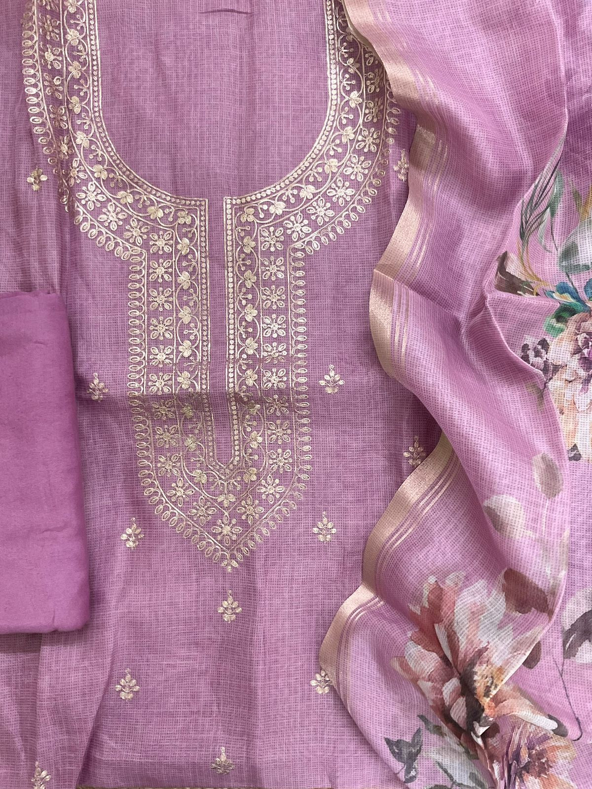 Soft Kota Silk Embroidered Suit - Purple