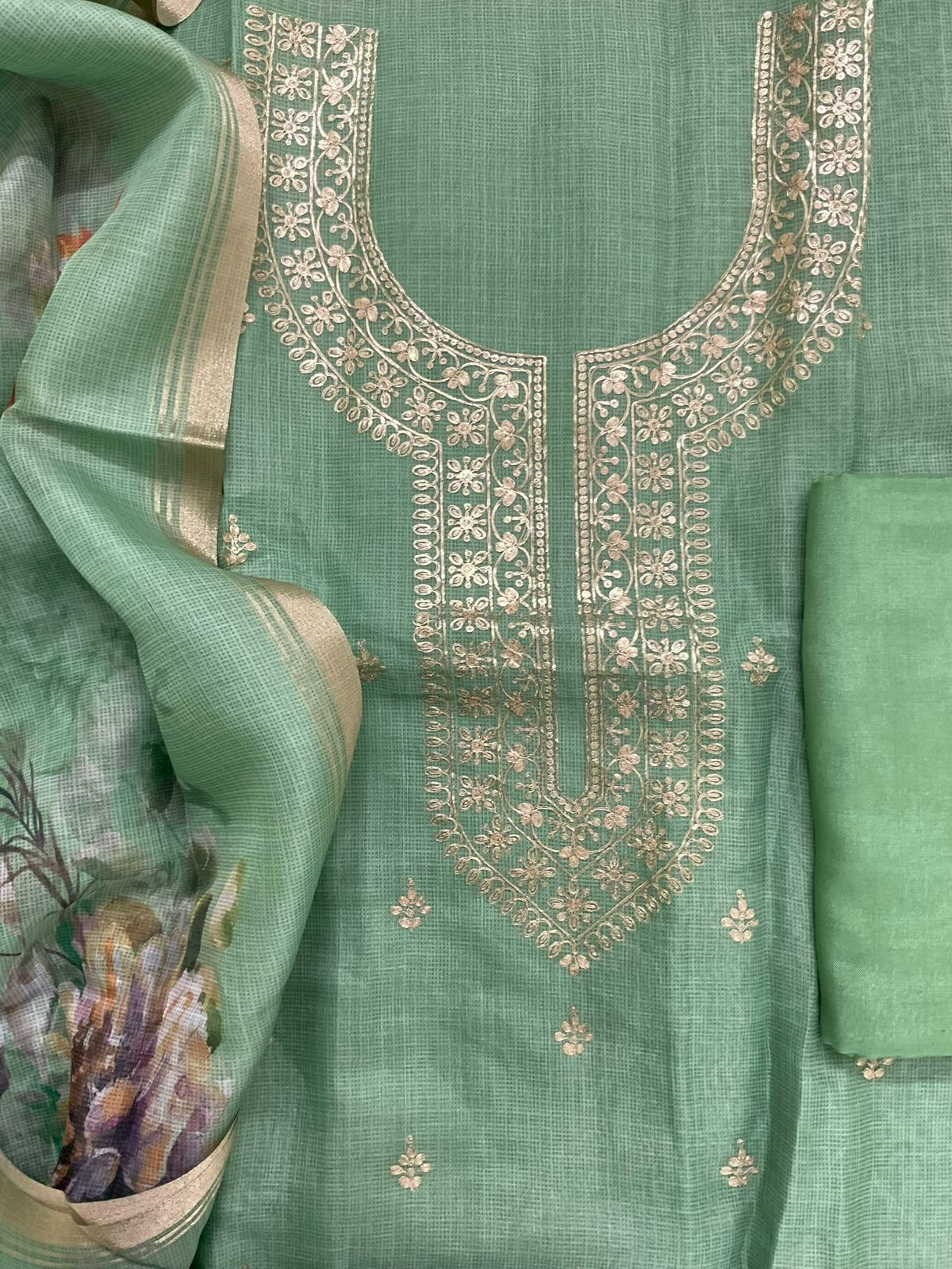 Soft Kota Silk Embroidered Suit - Green