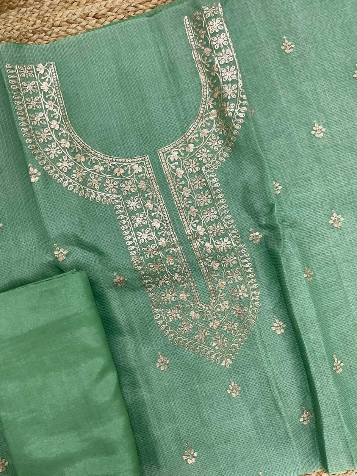 Soft Kota Silk Embroidered Suit - Green