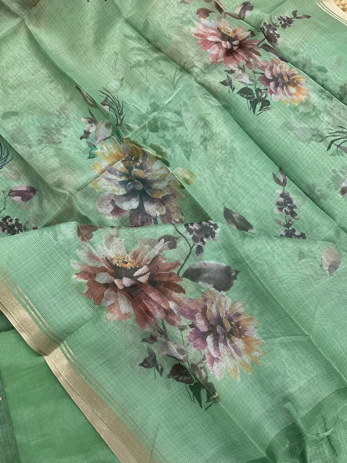 Soft Kota Silk Embroidered Suit - Green