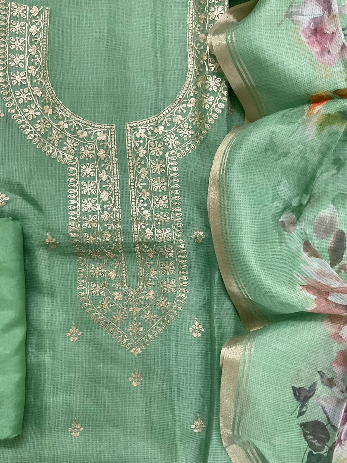 Soft Kota Silk Embroidered Suit - Green