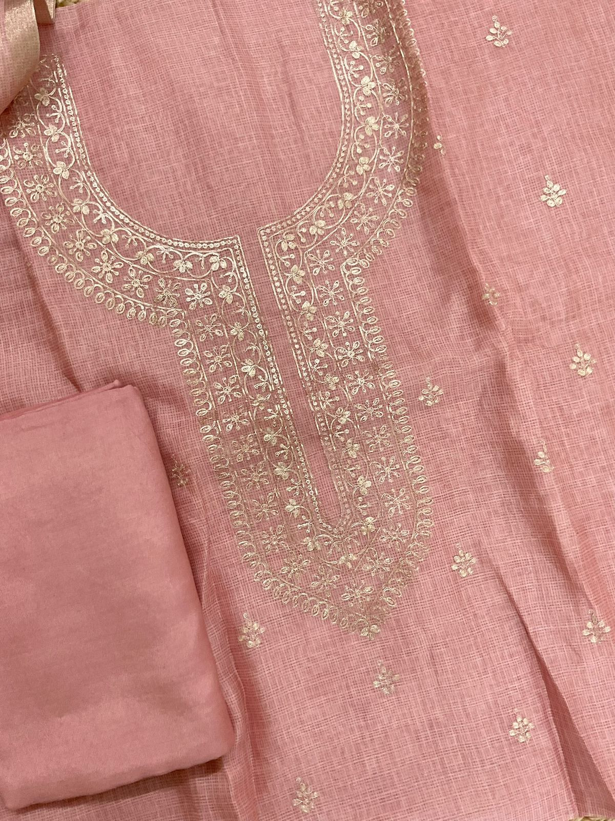 Soft Kota Silk Embroidered Suit - Peach